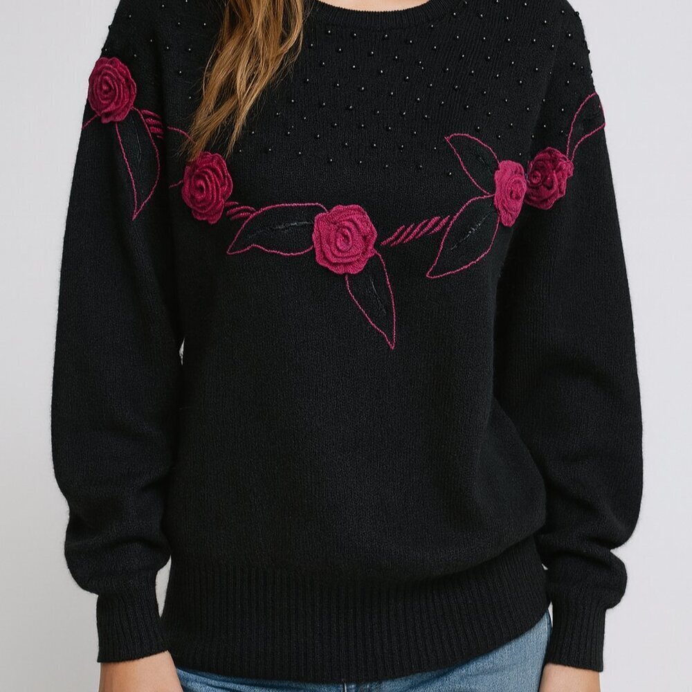 Vintage 80s 90s Silk Angora Floral Rose Sweater Black Pink Medium